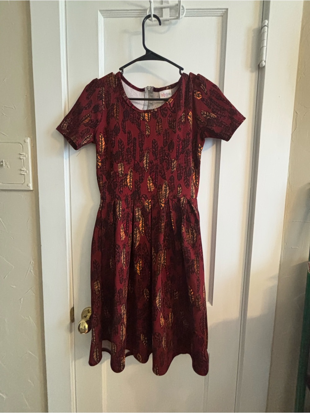 LuLaRoe Burgundy Short-Sleeve Fit & Flare Dress with Gold Leaf Print size S
